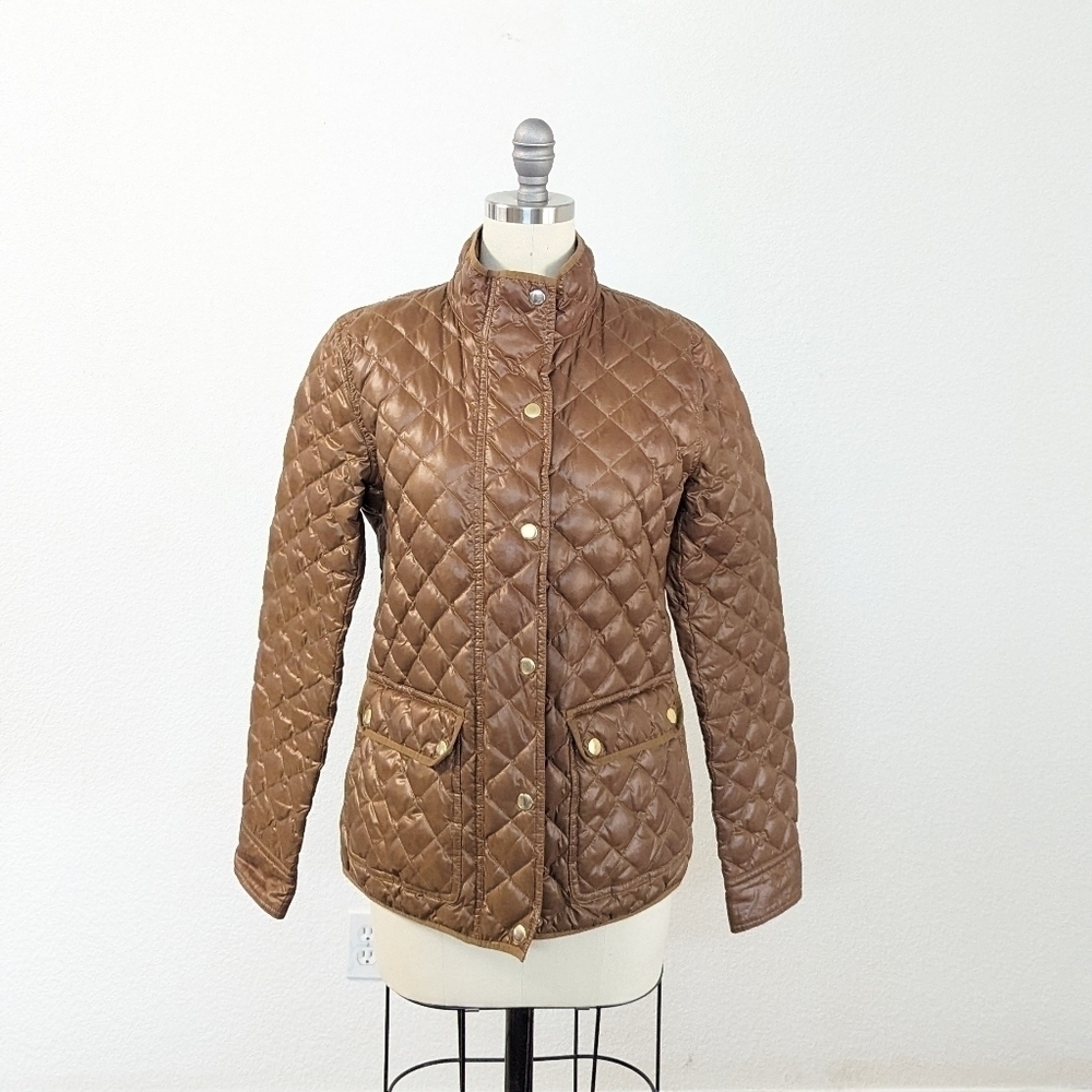 J Crew Quilted Snap Button Zip Puffer Jacket Brown S preppy classic fall